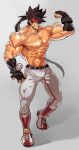  1boy abs armpit_peek bara baseball belt belt_buckle brown_hair buckle bulge chest fingerless_gloves flexing full_body gloves guilty_gear headgear highres long_hair male_focus muscle na_insoo navel nipples pants ponytail pose shiny shiny_skin shirtless shoes simple_background sol_badguy solo spiky_hair sportswear thighs tight track_pants yellow_eyes 
