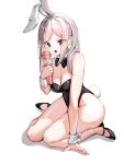  1girl animal_ears bangs bunny_tail eyebrows_visible_through_hair full_body highres microphone open_mouth original playboy_bunny rabbit_ears red_eyes seiza simple_background sitting solo tail white_background 