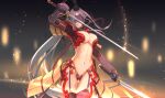  1girl blindfold breasts dual_wielding fate/grand_order fate_(series) highres holding katana large_breasts long_hair midriff revealing_clothes side_ponytail solo sword tenshin_kagehisa ushiwakamaru_(avenger)_(fate) weapon 
