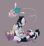  1boy artist_name black_hair black_legwear closed_mouth collared_shirt commentary_request crossed_legs galarian_form galarian_zigzagoon gen_4_pokemon gen_5_pokemon gen_6_pokemon gen_8_pokemon grey_background hair_over_one_eye highres holding holding_pokemon inkay long_sleeves multicolored_hair piers_(pokemon) pokemon pokemon_(creature) pokemon_(game) pokemon_swsh purple_footwear scraggy shirt shoes sitting socks stunky two-tone_hair ulllon watermark white_hair younger 