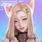  1girl absurdres ahri animal_ear_fluff animal_ears blonde_hair blue_eyes blush hair_ornament highres k/da_(league_of_legends) kidmo league_of_legends lips lipstick long_hair makeup 