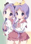  2girls hair_ribbon hamada_pengin highres hiiragi_kagami hiiragi_tsukasa long_hair lucky_star multiple_girls purple_hair ribbon ryouou_school_uniform school_uniform serafuku short_hair siblings twintails violet_eyes 