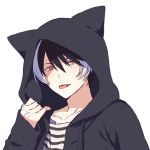  1boy animal_hood black_hair black_hoodie collarbone commentary_request fang highres holostars hood hood_up hoodie kageyama_shien looking_at_viewer male_focus multicolored_hair open_clothes open_hoodie shirt simple_background solo streaked_hair striped striped_shirt tongue tongue_out virtual_youtuber white_background white_hair yellow_eyes yufu_toyomimasu 