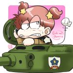  1girl alisa_(girls_und_panzer) aoneco asari-chan balloon brown_eyes brown_hair chibi commentary_request emblem girls_und_panzer ground_vehicle hair_ornament m4_sherman military military_vehicle motor_vehicle parody saunders_(emblem) saunders_military_uniform signature star_(symbol) style_parody sweatdrop tank tank_turret twintails 