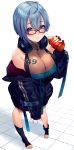  1girl absurdres ahoge blue_eyes blue_hair bottle breasts eyebrows_visible_through_hair fingerless_gloves gloves headphones headphones_around_neck highres jacket juice large_breasts long_sleeves looking_at_viewer open_clothes open_jacket original raxxx25_3 shirt short_hair smile solo toeless_legwear 