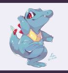  absurdres artist_name closed_mouth commentary_request fangs full_body gen_2_pokemon hideko_(l33l3b) highres looking_to_the_side no_humans pokemon pokemon_(creature) red_eyes shiny signature solo totodile watermark 