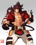  1boy abs alternate_costume bara belt_buckle brown_hair buckle chest feet_out_of_frame fingerless_gloves gloves guilty_gear harness headgear long_hair male_focus muscle na_insoo navel open_clothes pelvic_curtain ponytail shiny shiny_skin simple_background sol_badguy solo spiky_hair tearing_clothes thick_thighs thighs tight torn_clothes yellow_eyes 