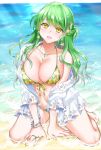  1girl bikini breasts collar earrings green_hair hair_ornament highres hikaru_(gevp7588) jewelry large_breasts long_hair nail_polish navel ocean open_mouth original ring swimsuit thighs yellow_eyes 