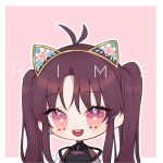  1girl atelier_live character_name chibi english_commentary himey_(vtuber) long_hair looking_at_viewer lowres open_mouth pink_eyes purple_hair smile solo twintails virtual_youtuber yueko_(jiayue_wu) 