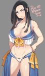  1girl 2020 agawa_ryou bare_shoulders black_hair breasts commentary dated grey_background hands_on_hips large_breasts long_hair looking_at_viewer navel original serious simple_background solo thick_thighs thighs 