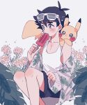  1boy ash_ketchum black_hair black_shorts blush collarbone commentary eating english_commentary food gen_1_pokemon grey_eyes highres holding holding_stick kakisatober off_shoulder on_shoulder pikachu pokemon pokemon_(anime) pokemon_(creature) pokemon_on_shoulder popsicle shorts sitting stick tank_top white_tank_top 