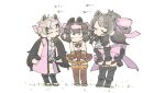  3girls ahoge animal_ears arms_at_sides back_bow bangs bare_arms bare_shoulders bear_ears bear_girl bear_tail bergman&#039;s_bear_(kemono_friends) bike_shorts black_hair boots bow bowtie bracelet brown_bear_(kemono_friends) center_frills chibi closed_eyes coat collared_shirt commentary_request cosplay detached_sleeves eyebrows_visible_through_hair ezo_brown_bear_(kemono_friends) facing_another frills full_body fur_bracelet fur_trim grey_hair hair_bow headband height_difference high-waist_skirt high_ponytail highres jewelry kemono_friends kodiak_bear_(kemono_friends) kodiak_bear_(kemono_friends)_(cosplay) leaning_forward long_hair looking_down medium_hair multicolored_hair multiple_girls open_clothes open_coat shirt skirt sleeveless sleeveless_shirt smelling sound_effects standing swept_bangs tail thigh-highs toeless_boots torento torn_clothes torn_sleeves twintails two-tone_hair v-shaped_eyebrows very_long_hair wing_collar zettai_ryouiki 