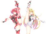  2girls absurdres breasts daive highres large_breasts leg_up long_hair multiple_girls mythra_(xenoblade) panties pyra_(xenoblade) red_eyes redhead short_hair skindentation thigh-highs underwear xenoblade_chronicles_(series) xenoblade_chronicles_2 yellow_eyes 
