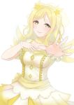  1girl absurdres arhah blonde_hair breasts dress green_eyes hand_on_own_chest highres looking_at_viewer love_live! love_live!_sunshine!! medium_breasts medium_hair ohara_mari simple_background smile solo white_background wings yellow_dress 