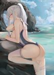  1girl ak-12_(girls_frontline) ass bangs beach blush braid breasts closed_mouth competition_swimsuit day eyebrows_visible_through_hair french_braid girls_frontline highres long_hair looking_at_viewer one-piece_swimsuit outdoors ribbon ru_zhai sideboob sidelocks silver_hair smile solo swimsuit thigh-highs thighs toeless_legwear violet_eyes 