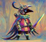  armor bird black_bird black_eyes black_footwear blue_sclera boots cape colorful forest fur-trimmed_boots fur_trim helmet holding holding_sword holding_weapon ka92 nature no_humans original outdoors scabbard scratches sheath standing stitches sword unsheathed vambraces weapon 