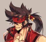  1boy alternate_facial_hair bara bare_shoulders beard brown_hair chest collarbone facial_hair guilty_gear hair_between_eyes headgear long_hair male_focus manly muscle na_insoo open_clothes ponytail shiny shiny_skin simple_background sleeveless smirk sol_badguy solo spiky_hair tight upper_body yellow_eyes 