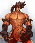  1boy abs alternate_costume ball bara basketball basketball_uniform brown_hair chest commission cowboy_shot fingerless_gloves from_below gloves guilty_gear headgear holding holding_ball long_hair male_focus muscle na_insoo navel nipples ponytail shiny shiny_skin shirtless simple_background sol_badguy solo spiky_hair sportswear tight yellow_eyes 