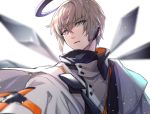  1boy arknights blue_eyes executor_(arknights) halo highres jacket light_particles looking_at_viewer male_focus parted_lips short_hair silver_hair simple_background spica_1510 upper_body white_background white_jacket 