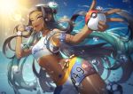  1girl absurdres aqua_hair armlet belly_chain bike_shorts black_hair commentary dark_skin dynamax_band earrings gloves gym_leader hair_bun highres holding holding_poke_ball hoop_earrings jewelry lem_tea long_hair looking_at_viewer makeup multicolored_hair nessa_(pokemon) number poke_ball poke_ball_(basic) pokemon pokemon_(game) pokemon_swsh single_glove solo two-tone_hair w water_drop 