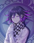  1boy bangs checkered checkered_scarf commentary_request copyright_name dangan_ronpa double-breasted ewa_(seraphhuiyu) gradient_hair grin hair_between_eyes hand_on_own_shoulder highres long_sleeves looking_at_viewer male_focus multicolored_hair new_dangan_ronpa_v3 ouma_kokichi pink_hair purple_hair scarf short_hair smile solo straitjacket symbol-shaped_pupils teeth upper_body violet_eyes 