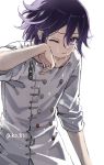  1boy bangs chain checkered closed_mouth dangan_ronpa eyebrows_visible_through_hair hair_between_eyes iko_831 male_focus new_dangan_ronpa_v3 one_eye_closed ouma_kokichi purple_hair simple_background solo straitjacket twitter_username violet_eyes wet white_background 