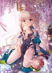  1girl apple_caramel azur_lane bangs belchan_(azur_lane) belfast_(iridescent_rose)_(azur_lane) black_footwear blue_bow bow braid breasts chinese_clothes commission covered_navel dress earrings fan flower folding_fan gloves hand_on_breast heart heart_earrings highres holding holding_fan hydrangea jewelry kneeling long_hair mouth_hold partly_fingerless_gloves pelvic_curtain ring small_breasts solo thigh-highs violet_eyes white_hair white_legwear wisteria 
