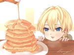  1boy :p bangs blonde_hair blue_eyes blush butter food hair_between_eyes hands male_focus original pancake plate signature solo stack_of_pancakes syrup takanoberii tongue tongue_out 
