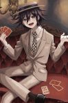  1boy alternate_costume bangs card chandelier checkered checkered_neckwear couch crossed_legs dangan_ronpa formal hair_between_eyes hat highres holding holding_card indoors long_sleeves male_focus necktie new_dangan_ronpa_v3 open_mouth ouma_kokichi playing_card purple_hair renshu_usodayo sitting solo suit twitter_username violet_eyes 