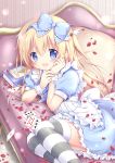  1girl :d ace_of_hearts alice_(wonderland) alice_in_wonderland apron blonde_hair blue_bow blue_dress blue_eyes blush book bow card club_(shape) commentary_request couch diamond_(shape) dress feet_out_of_frame frilled_apron frilled_dress frills hair_bow hands_up heart long_hair looking_at_viewer lying nanase_miori on_couch on_side one_side_up open_mouth petals pillow playing_card puffy_short_sleeves puffy_sleeves short_sleeves smile solo spade_(shape) striped striped_legwear thigh-highs very_long_hair waist_apron white_apron wrist_cuffs 