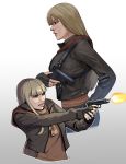  1girl absurdres ashley_graham bangs blonde_hair brown_eyes brown_hoodie clenched_teeth english_commentary firing francisco_mon gradient gradient_background gun highres holding holding_gun holding_weapon multiple_views older resident_evil resident_evil_4 teeth weapon 
