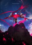  1boy armor blue_sky cloak clouds cloudy_sky copyright_name english_text fate/apocrypha fate/grand_order fate_(series) floating greaves holding holding_polearm holding_spear holding_weapon karna_(fate) male_focus mountain otsumami_(bu-bu-heaven) outdoors polearm red_cloak sky solo spear spikes standing torn torn_cloak torn_clothes vambraces weapon white_hair 