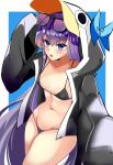  1girl absurdres angel_lingxing animal_hood bangs bare_shoulders bikini black_bikini black_jacket blue_bow blue_eyes blush bow breasts collarbone eyewear_on_head fate/grand_order fate_(series) greaves highres hood hood_up jacket long_hair long_sleeves looking_at_viewer medium_breasts meltryllis meltryllis_(swimsuit_lancer)_(fate) navel open_clothes open_jacket open_mouth penguin_hood prosthesis prosthetic_leg purple_hair sleeves_past_fingers sleeves_past_wrists sunglasses swimsuit thighs very_long_hair 