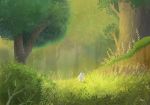 animal ayu_(mog) fern forest grass highres nature no_humans original rabbit shadow signature solo sunlight tree 