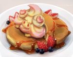  alcremie alcremie_(love_sweet) artist_name commentary_request food fruit gen_8_pokemon heart looking_up momomo12 no_humans pancake pink_eyes plate pokemon solo strawberry watermark 
