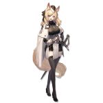  1girl :d animal_ears arknights bangs belt black_footwear black_headwear black_legwear black_ribbon blonde_hair blue_eyes breasts cape crossed_legs eyebrows_visible_through_hair full_body hair_ribbon hands_on_hips high_heels long_hair long_sleeves looking_at_viewer medium_breasts official_art open_mouth ribbon ryuuzaki_ichi smile solo standing swept_bangs sword thigh-highs transparent_background watson_cross weapon whislash_(arknights) white_cape 