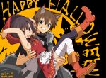  1boy 1girl animal_ears banchii bandaged_leg bandages black_hair black_legwear blush brown_hair carrying dated dress halloween happy_halloween hat jacket kono_subarashii_sekai_ni_shukufuku_wo! megumin open_mouth pout princess_carry red_eyes red_hood satou_kazuma short_hair single_thighhigh smile thigh-highs twitter_username witch_hat wolf_ears 