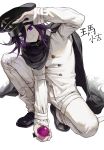  1boy bangs black_cape black_headwear cape character_name dangan_ronpa hair_between_eyes hat highres holding long_sleeves male_focus migumi new_dangan_ronpa_v3 ouma_kokichi purple_hair simple_background smile solo squatting straitjacket violet_eyes white_background 