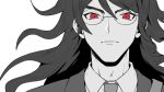  1boy bangs closed_mouth commentary_request dangan_ronpa ewa_(seraphhuiyu) face glasses gokuhara_gonta highres long_hair looking_at_viewer male_focus messy_hair necktie new_dangan_ronpa_v3 portrait red_eyes serious simple_background solo spot_color white_background wing_collar 