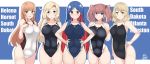  5girls absurdres aqua_eyes atlanta_(kantai_collection) blonde_hair character_name competition_swimsuit earrings helena_(kantai_collection) highres hornet_(kantai_collection) houston_(kantai_collection) jewelry kantai_collection long_hair multicolored_hair multiple_girls noruren one-piece_swimsuit short_hair south_dakota_(kantai_collection) star_(symbol) star_earrings swimsuit twintails violet_eyes yellow_eyes 