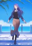  1girl absurdres alternate_costume blue_jacket boots braid caster casual clouds commission fate/grand_order fate_(series) highres horizon jacket long_hair looking_at_viewer palm_tree pier pointy_ears purple_hair second-party_source side_braid skirt solkorra stairs standing standing_on_one_leg tree violet_eyes 