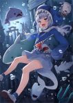  1girl :d air_bubble animal_costume animal_hood artist_name bloop_(gawr_gura) blue_hair bubble fish_skeleton gawr_gura hammerhead_shark hololive hololive_english hood multicolored_hair open_mouth polearm shark shark_costume shark_fin shark_hood shark_tail sharp_teeth smile symbol_commentary tail teeth ten-chan_(eternal_s) trident twitter_username two-tone_hair underwater weapon white_hair 