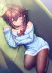  1girl ahoge bangs bare_shoulders blue_eyes blue_sweater braid brown_hair closed_eyes collarbone commentary_request commission couch eyebrows_visible_through_hair hair_between_eyes hair_flaps hair_ornament hair_ribbon ittokyu kantai_collection looking_at_viewer lying off-shoulder_sweater off_shoulder on_side open_mouth pantyhose remodel_(kantai_collection) ribbon shigure_(kantai_collection) sidelocks signature single_braid solo sweater 