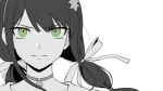  1girl asymmetrical_bangs bangs bell bell_choker blunt_bangs chabashira_tenko choker closed_mouth commentary_request dangan_ronpa ewa_(seraphhuiyu) face green_eyes hair_ornament hair_ribbon highres long_hair looking_at_viewer low_twintails mole mole_under_mouth new_dangan_ronpa_v3 portrait ribbon simple_background solo spot_color star_(symbol) star_hair_ornament twintails white_background 