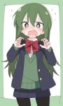  1girl black_legwear blush border bow bowtie cardigan commentary_request fang green_border green_cardigan green_hair hair_between_eyes igarashi_futaba_(shiromanta) ixy long_hair looking_at_viewer open_mouth pantyhose red_neckwear senpai_ga_uzai_kouhai_no_hanashi shirt simple_background solo vest white_background white_shirt 