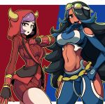  2girls :d :o absurdres bangs black_gloves black_hair blue_eyes blue_hair blue_pants blue_shirt blush breasts clenched_hand clothing_cutout commentary courtney_(pokemon) cowboy_shot crop_top dark_skin eyebrows_visible_through_hair fake_horns gloves goggles goggles_on_head groin hair_between_eyes hair_over_one_eye hand_on_hip highres hood hood_up horned_headwear horns large_breasts long_hair long_sleeves looking_at_viewer makeup masgamjya midriff multicolored_hair multiple_girls navel open_mouth outline pants pokemon pokemon_(game) pokemon_oras purple_hair red_background red_sweater ribbed_sweater shelly_(pokemon) shirt short_hair shoulder_cutout sidelocks simple_background smile standing sweater swept_bangs team_aqua team_aqua_uniform team_magma team_magma_uniform two-tone_background two-tone_hair uniform upper_teeth very_long_hair violet_eyes 