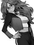  1girl android_21 blue_eyes breasts dragon_ball dragon_ball_fighterz fingernails glasses greyscale hair_ornament hand_on_hip jacket kemachiku long_hair looking_at_viewer medium_breasts midriff monochrome navel open_clothes open_jacket solo 
