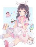  1girl animal_ears apron bangs black_hair blue_background blush bow bunny_girl bunny_tail closed_mouth commentary_request cupcake eyebrows_visible_through_hair food frilled_apron frilled_skirt frills grey_eyes hair_bow highres holding holding_spoon ice_cream long_hair looking_at_viewer onigiri original pink_footwear pink_sailor_collar polka_dot polka_dot_background rabbit_ears sailor_collar sandwich sencha_(senta_10) shirt shoe_soles shoes short_sleeves sitting skirt smile socks solo spoon star_(symbol) tail twintails two-tone_background white_apron white_background white_bow white_legwear white_shirt white_skirt 