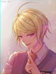  1boy ahoge akamatsu_kaede artist_name bangs blonde_hair collared_shirt commentary_request dangan_ronpa dress_shirt ewa_(seraphhuiyu) eyebrows_visible_through_hair face fang genderswap genderswap_(ftm) hair_ornament hairclip highres index_finger_raised long_sleeves looking_at_viewer male_focus multicolored multicolored_background musical_note_hair_ornament necktie new_dangan_ronpa_v3 open_mouth orange_neckwear pointy_ears shirt short_hair smile solo sweater_vest swept_bangs upper_body vampire white_shirt 