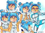  1girl artist_name blue_hair crash_bandicoot_(series) furry furry_female looking_at_viewer medium_hair megumi_(crash_bandicoot) multiple_views nitroneato pink_eyes shirt smile white_shirt 